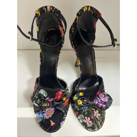 Gucci Women's Black Floral High Heel Sandals, Size 37.5 - Picture 1 of 3
